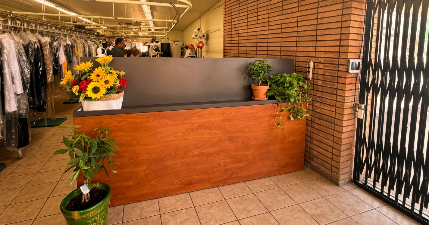 Maria's front counter with sunflowers and potted plants
